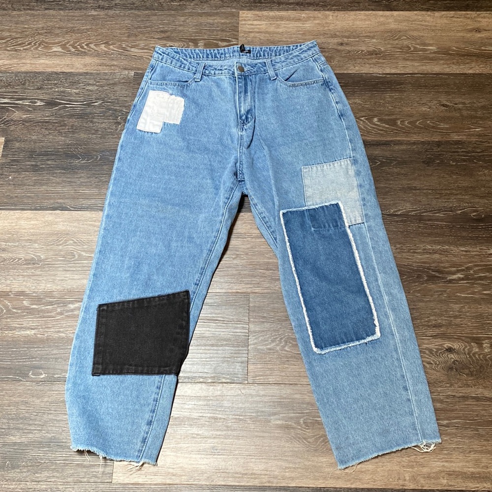 NastyGal High Waisted Straight Leg Patchwork Jeans